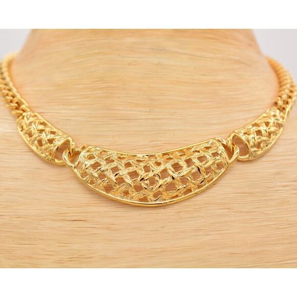 Vintage Chunky Collar Necklace Basket Weaved Cuban Chain Gold NOS 1980s Bin6A - Picture 2 of 12